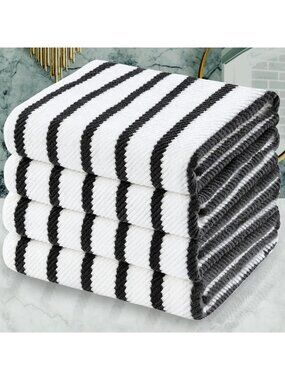 Soft Black & White Bath Towels Set with Hanging Loops - Thick & Absorbent